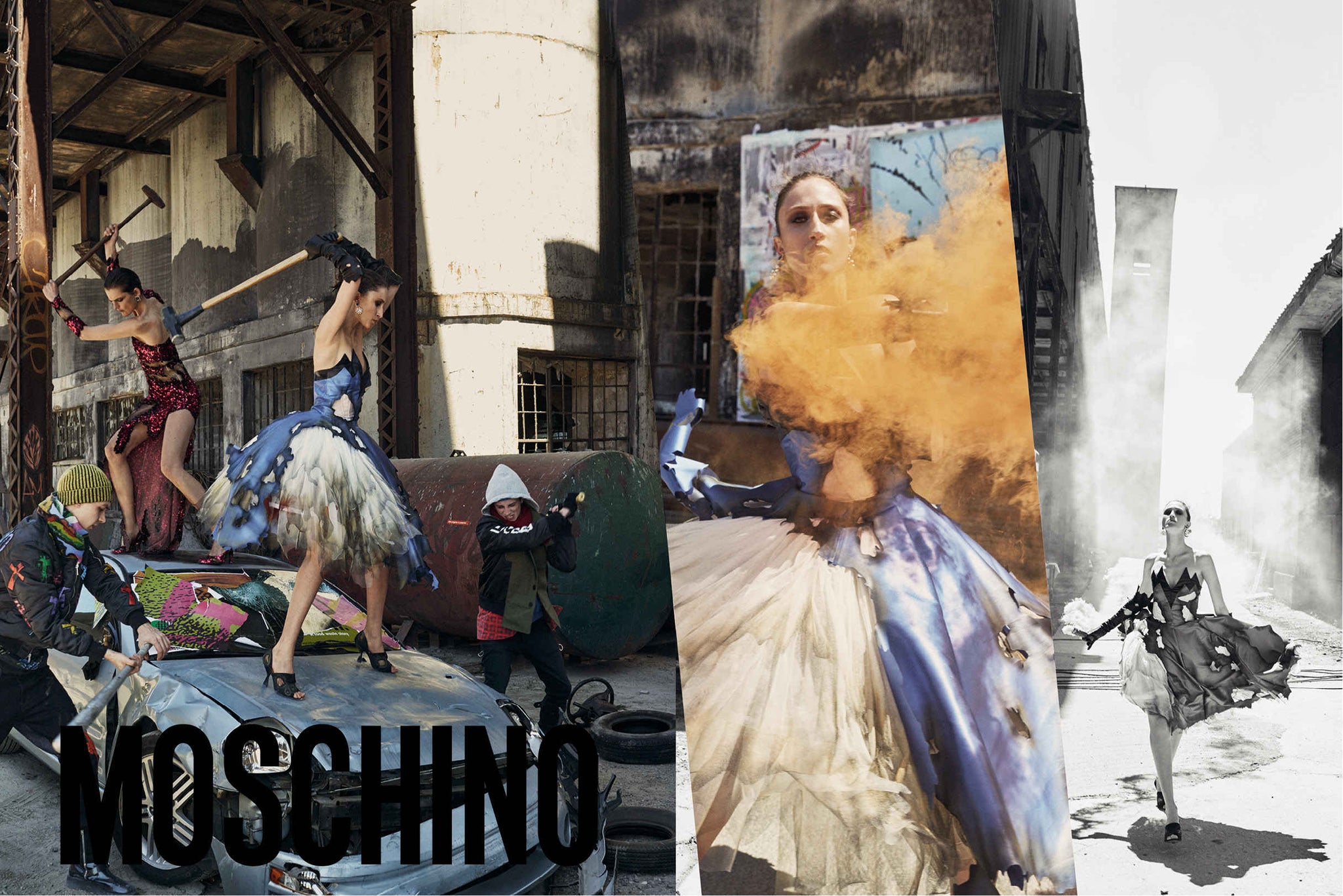 HOW MOSCHINO’S LATEST CAMPAIGN ECHOES CHAOS, BURNING DRESSES AND ALL.