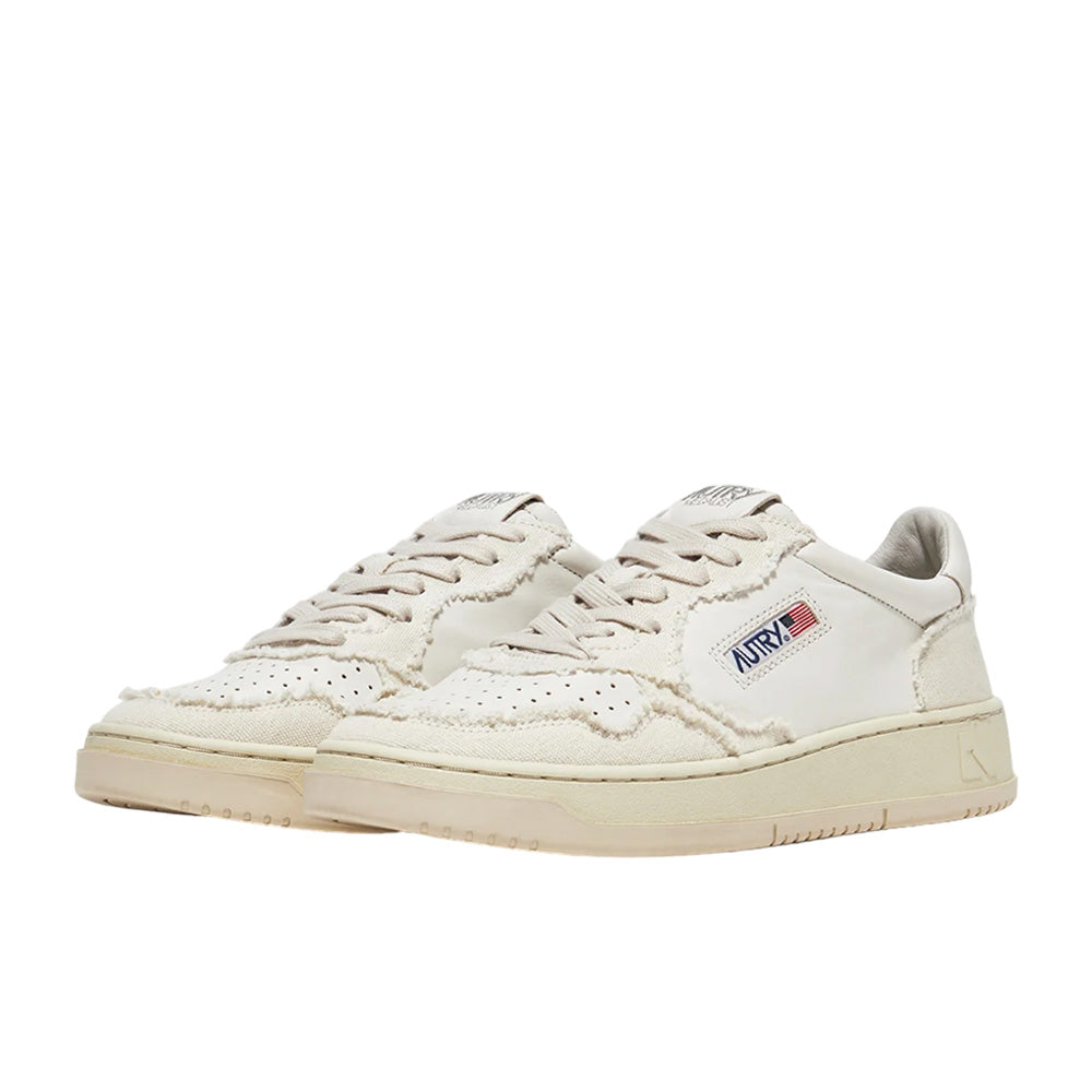 AUTRY UNISEX MEDALIST LOW SNEAKERS IN SOFT GOATSKIN AND FRAYED CANVAS COLOR WHITE AND IVORY WHITE