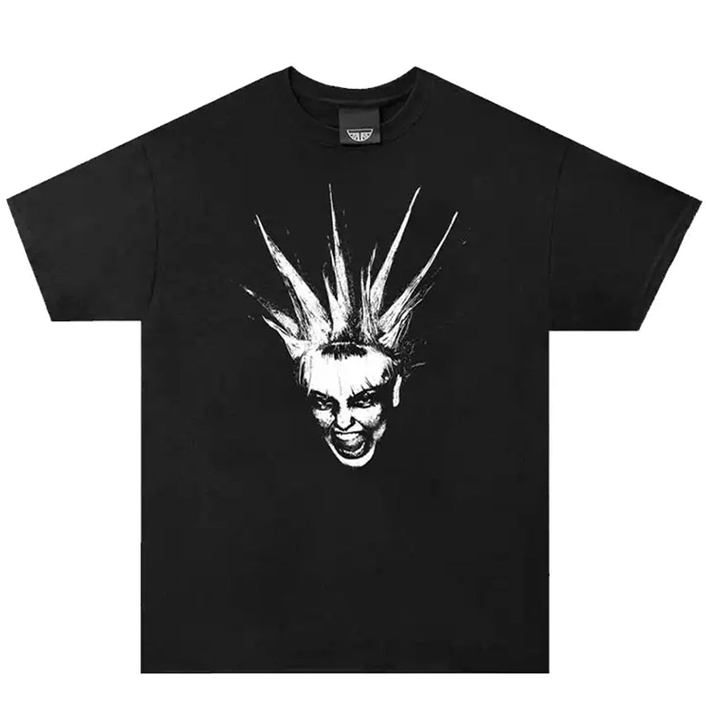 Black t-shirt with a graphic design of a face with spiked hair on a white background